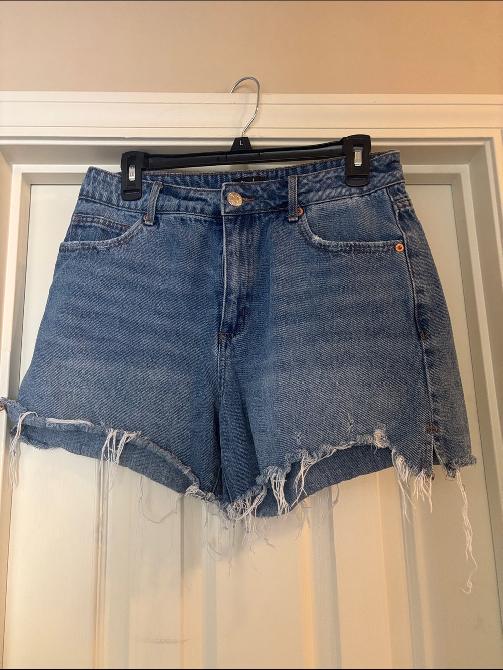 Women's simple society Distressed High-Waist Denim Shorts - Blue 11/30 juniors